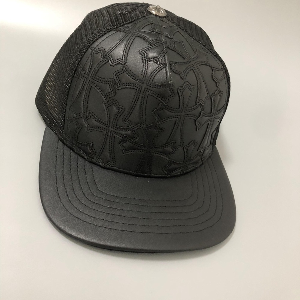Chrome Hearts Black Trucker Hat with Leather Cross Logo Baseball Cap Women Men - Picture 3 of 14